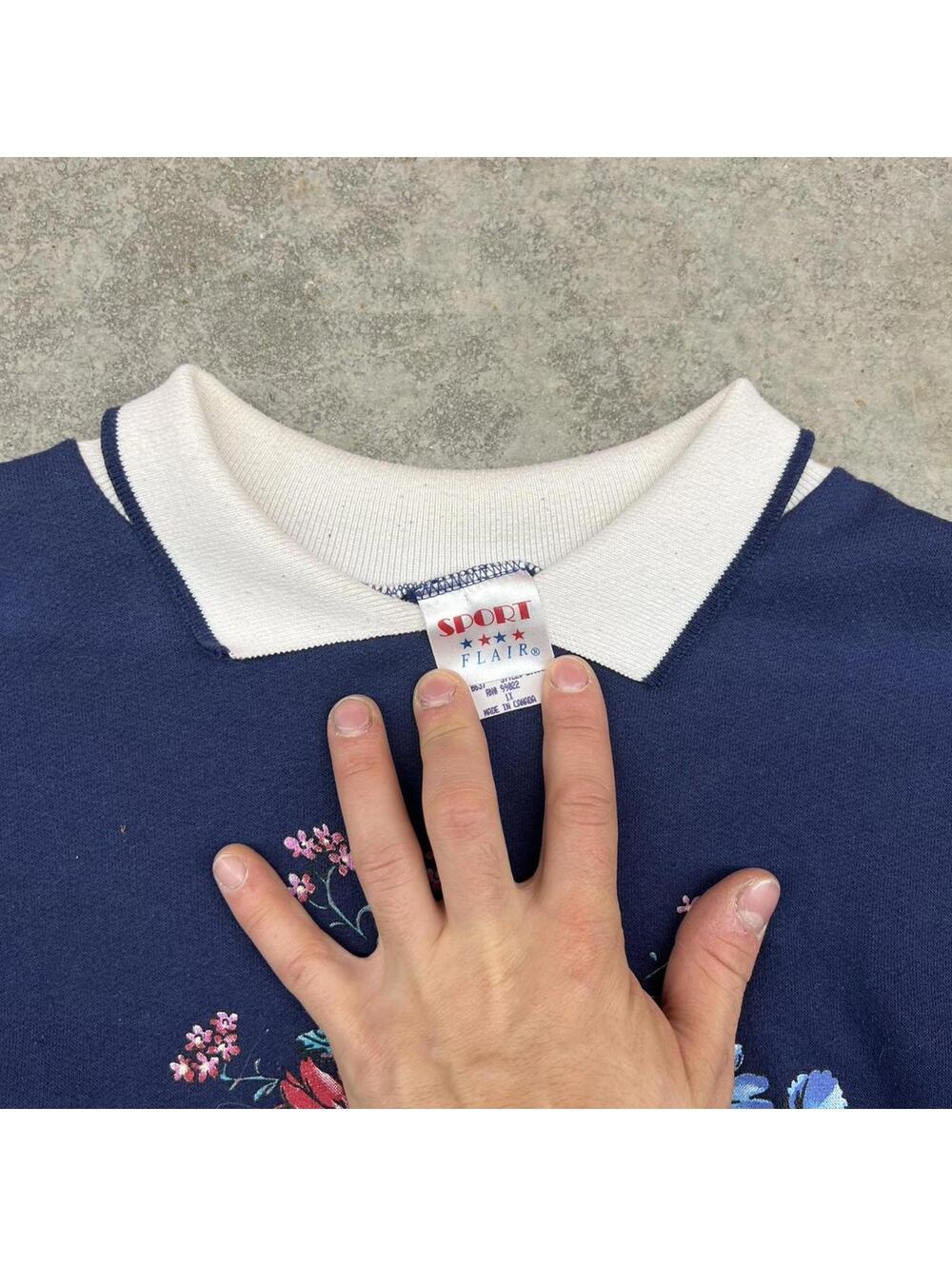 vintage navy flower art collared crewneck size xl WOMENS - Picture 3 of 3